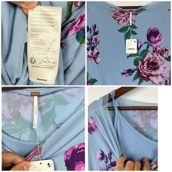FREE PEOPLE Floral Rose Print Mesh Carmel Side Slit Bodycon Midi Dress L - Picture 5 of 11